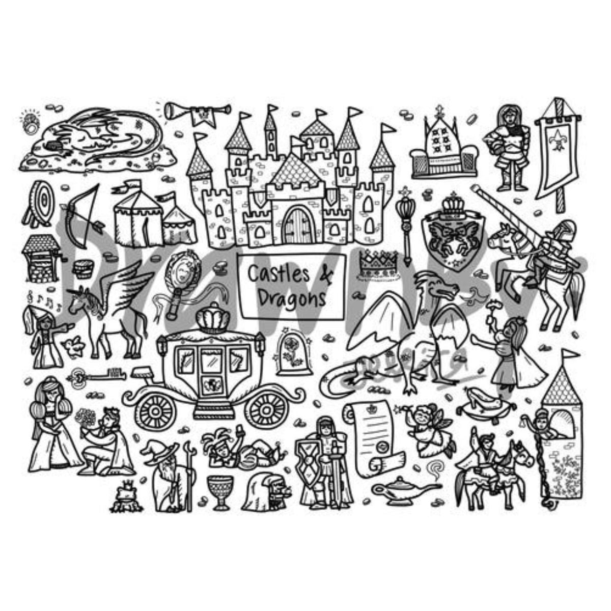 Castles & Dragons Washable Silicone Colouring Mat + 14pcs Markers Set