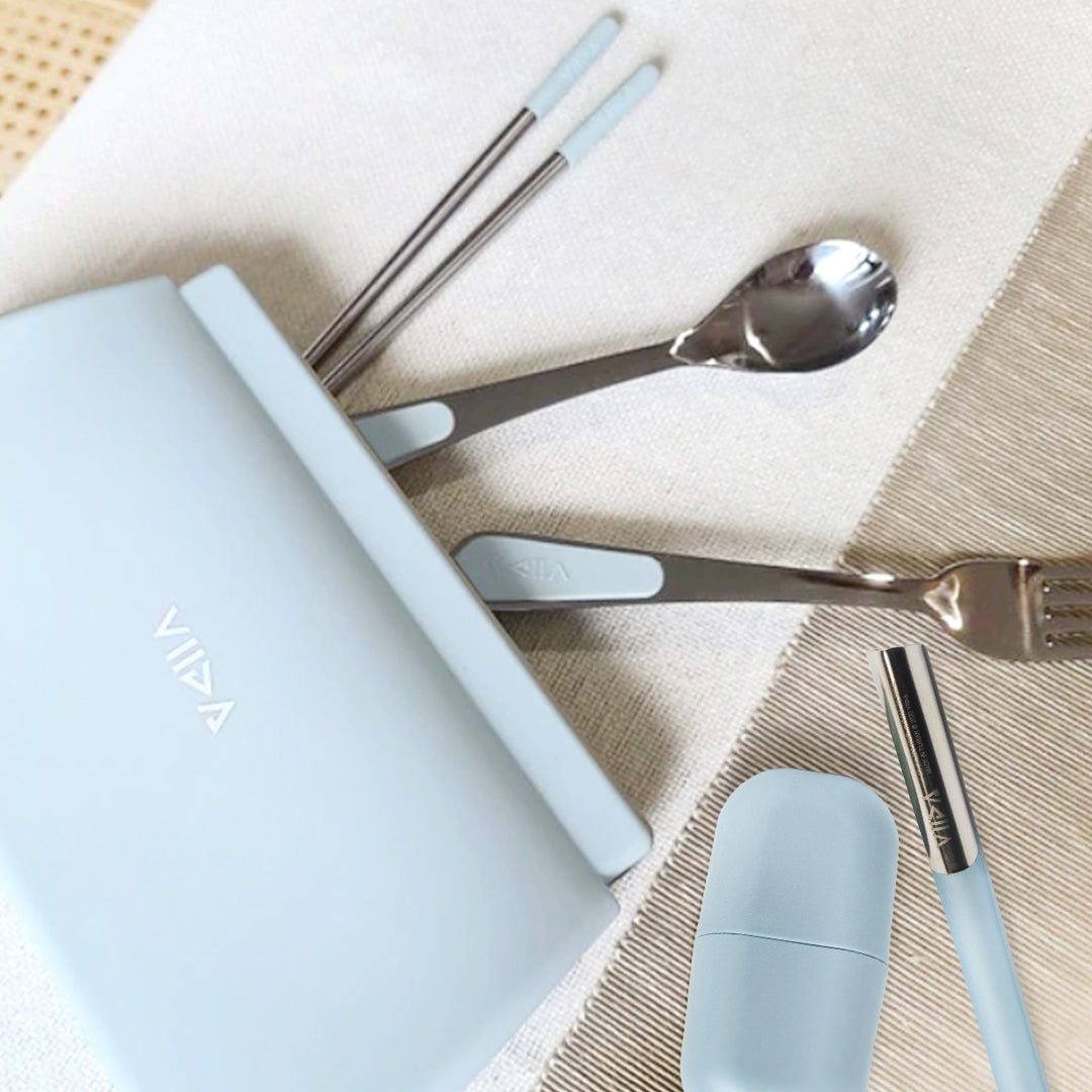 Morgen Stainless Steel Travel Cutleries Set + UiU Straw Set + Chubby Silicone Pouch XL (Bundle Set of 5)