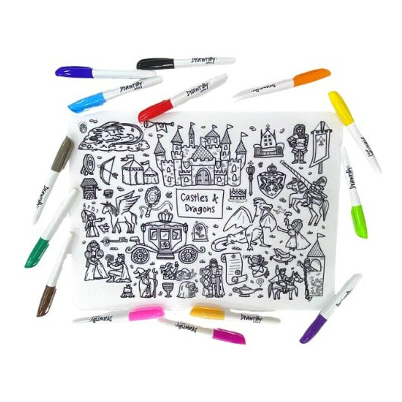 Castles & Dragons Washable Silicone Colouring Mat + 14pcs Markers Set