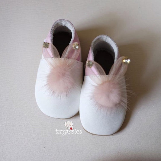 [TinySoles] Pre-walkers Soft Soled Baby Walking Shoes - Fluffy Bunny in Pink - 100% Genuine Leather