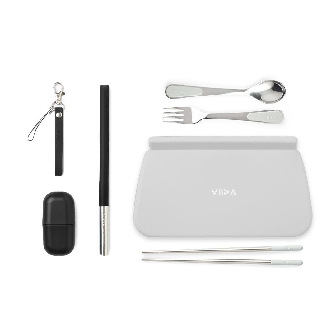 Morgen Stainless Steel Travel Cutleries Set + UiU Straw Set + Chubby Silicone Pouch XL (Bundle Set of 5)