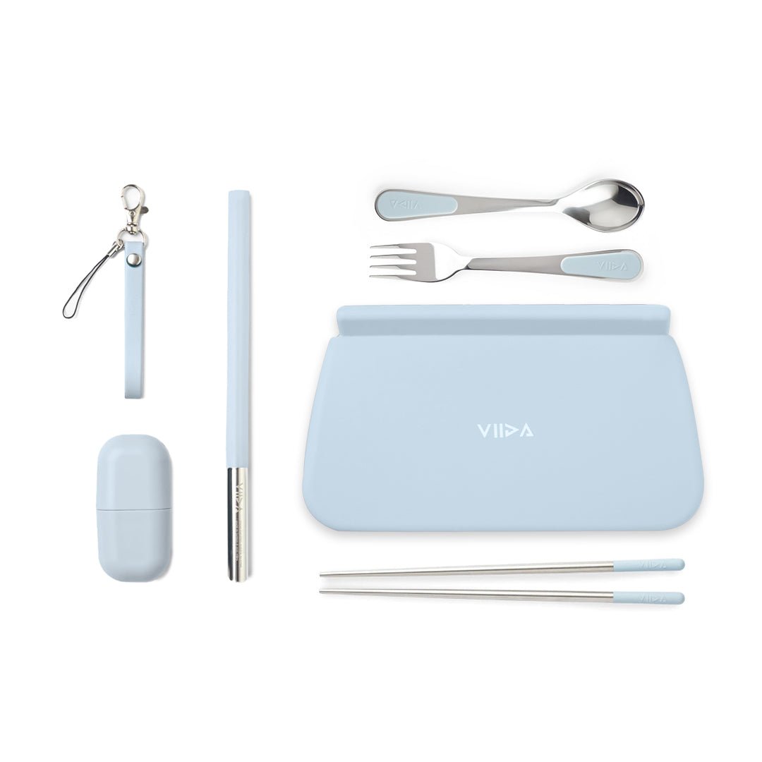 Morgen Stainless Steel Travel Cutleries Set + UiU Straw Set + Chubby Silicone Pouch XL (Bundle Set of 5)