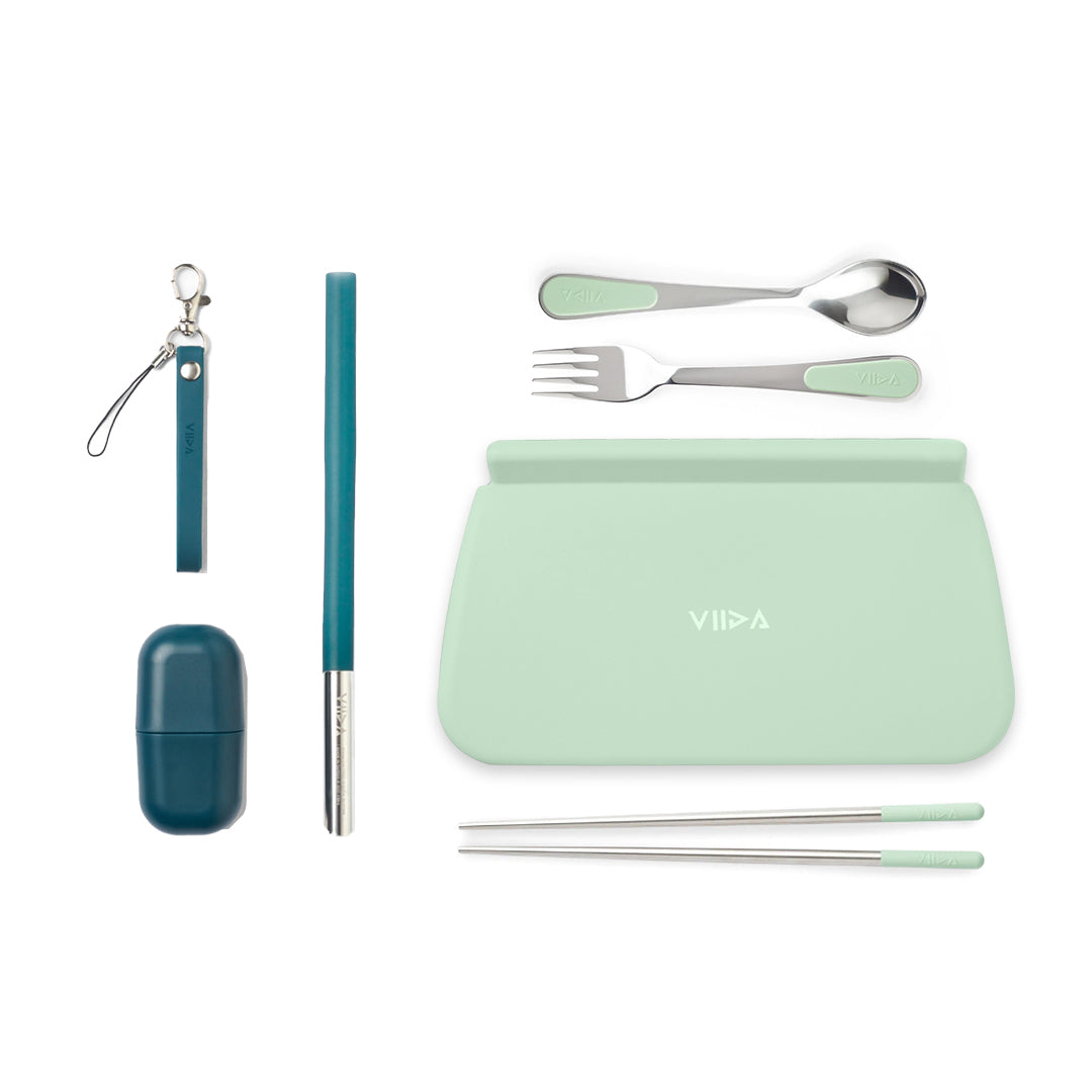 Morgen Stainless Steel Travel Cutleries Set + UiU Straw Set + Chubby Silicone Pouch XL (Bundle Set of 5)