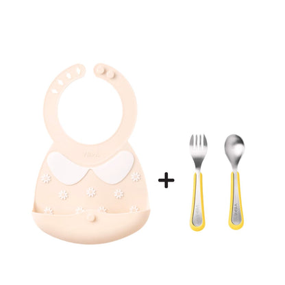 Toddler Mealtime Starter / Travel Feeding Set - Joy Silicone Baby Bib + Small Spoon & Fork