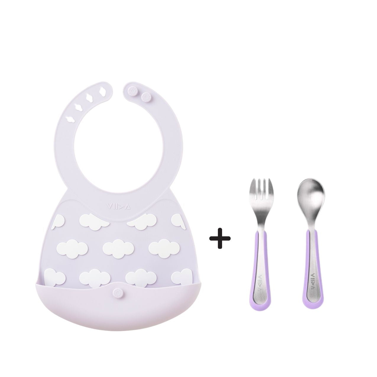 Toddler Mealtime Starter / Travel Feeding Set - Joy Silicone Baby Bib + Small Spoon & Fork