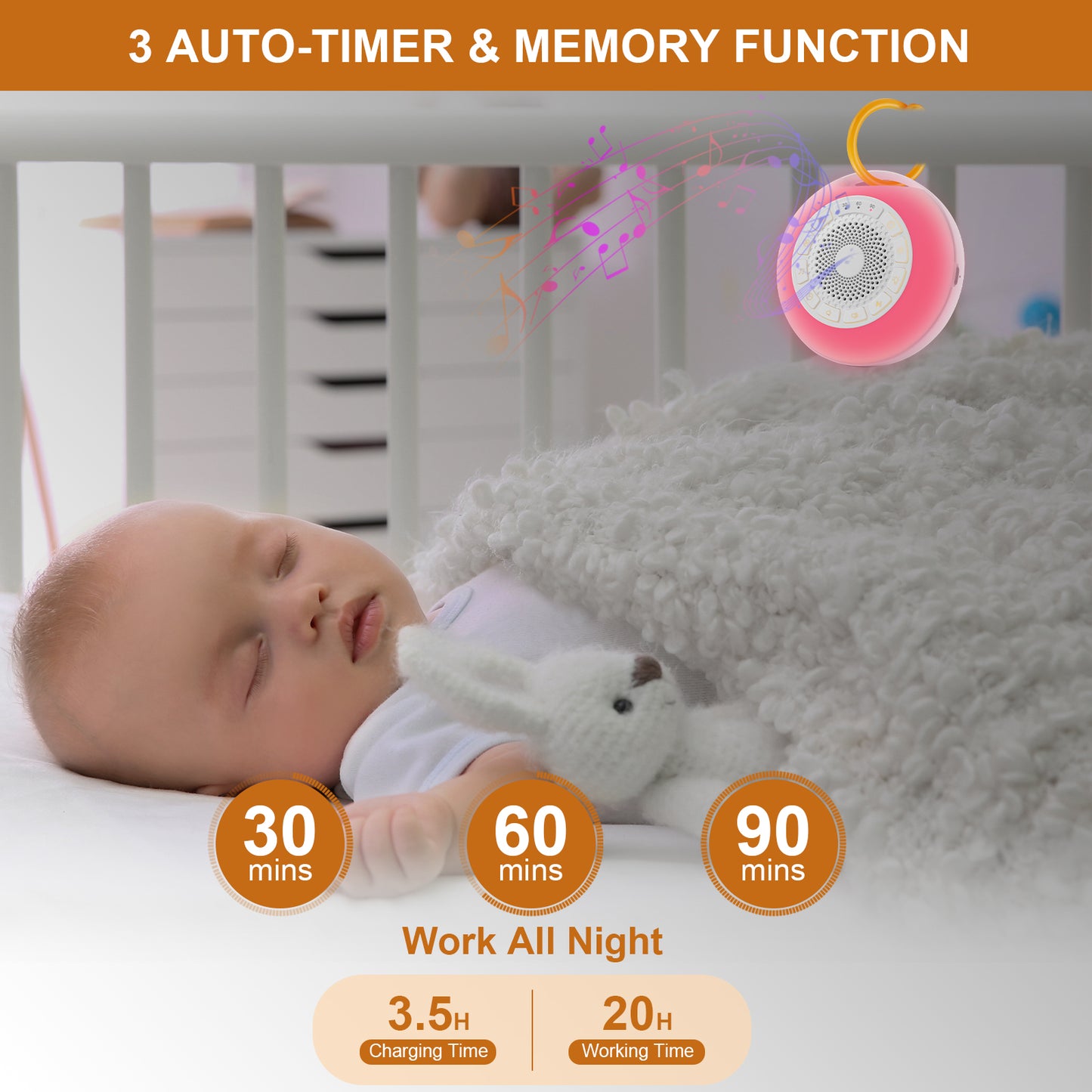 [NYZE] Portable Baby Sleep Soother | White Noise Machine with 26 Soothing Sounds and 7 Color LED Nightlights