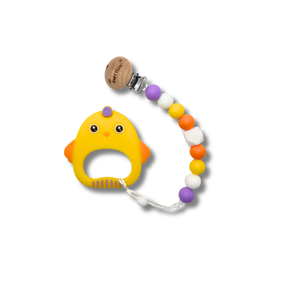 2-in-1 Silicone Chick Teether & Matching Pacifier Clip Set