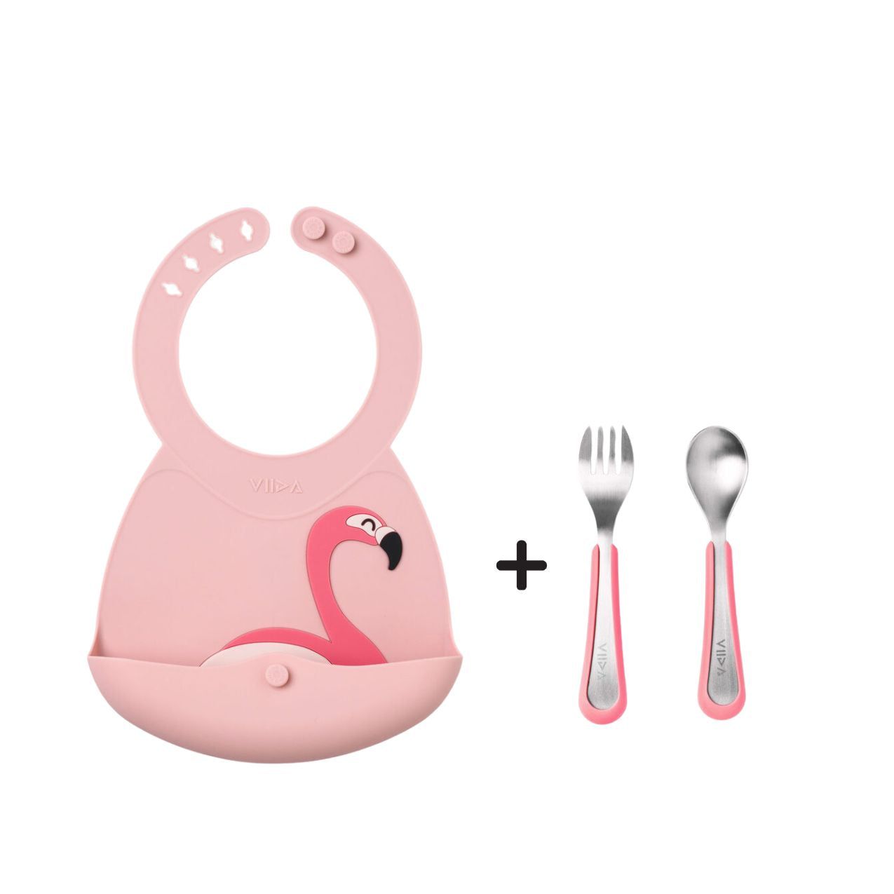 Toddler Mealtime Starter / Travel Feeding Set - Joy Silicone Baby Bib + Small Spoon & Fork