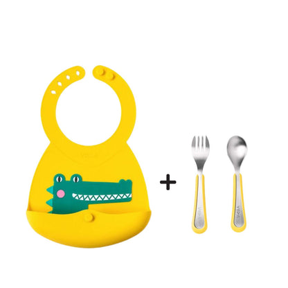 Toddler Mealtime Starter / Travel Feeding Set - Joy Silicone Baby Bib + Small Spoon & Fork