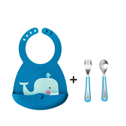 Toddler Mealtime Starter / Travel Feeding Set - Joy Silicone Baby Bib + Small Spoon & Fork