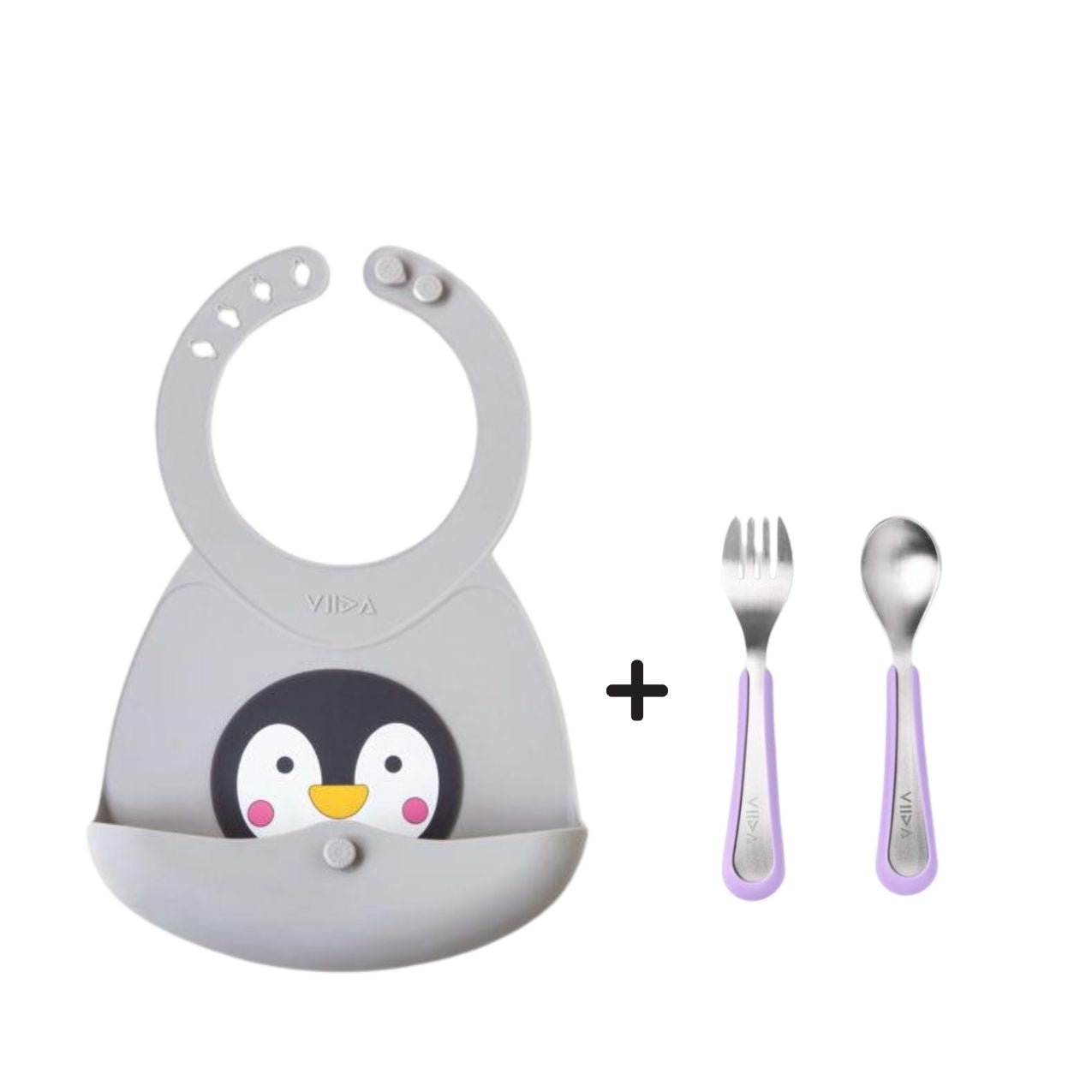 Toddler Mealtime Starter / Travel Feeding Set - Joy Silicone Baby Bib + Small Spoon & Fork