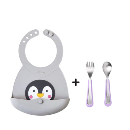 Toddler Mealtime Starter / Travel Feeding Set - Joy Silicone Baby Bib + Small Spoon & Fork