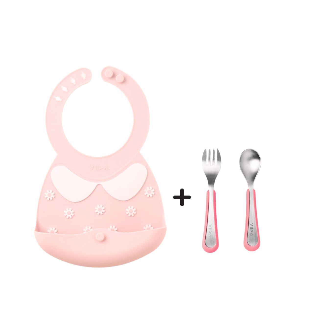 Toddler Mealtime Starter / Travel Feeding Set - Joy Silicone Baby Bib + Small Spoon & Fork
