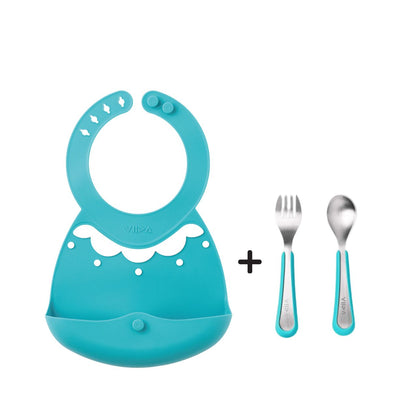 Toddler Mealtime Starter / Travel Feeding Set - Joy Silicone Baby Bib + Small Spoon & Fork
