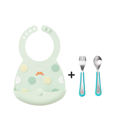 Toddler Mealtime Starter / Travel Feeding Set - Joy Silicone Baby Bib + Small Spoon & Fork