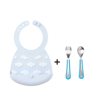 Toddler Mealtime Starter / Travel Feeding Set - Joy Silicone Baby Bib + Small Spoon & Fork