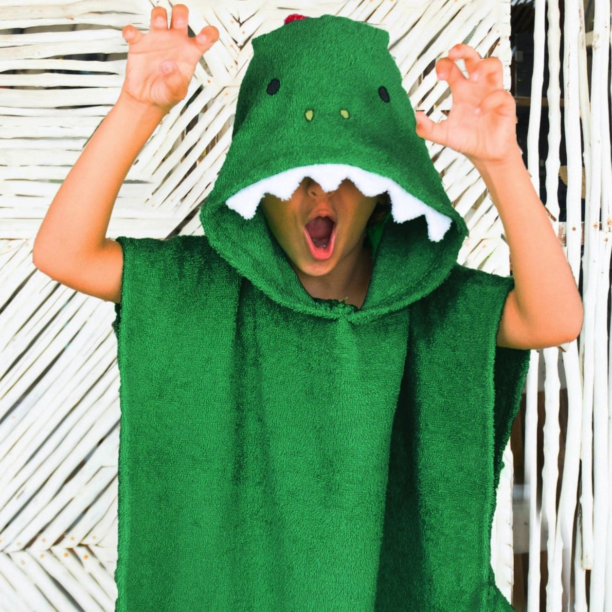 [Savana] Green and Red Dinosaur Hooded Cotton Poncho Towel for Kids