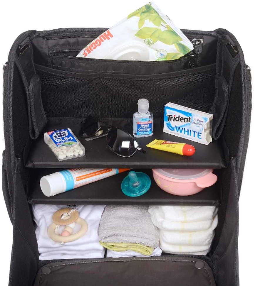 [Lulyboo] Cubby Diaper Bag Backpack, Full Open Cabinet and Padded Changing Station, Removeable Caddy with Two Drink Holders and Angled Cell Phone Storage, Universal Stroller Hanger