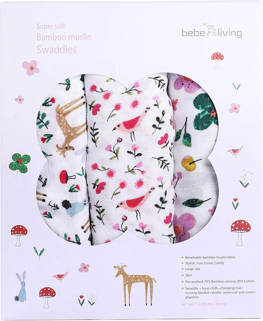[Bebe Living] Baby Toddler Muslin Swaddle / Blanket 3pks / Set - Floral & Animals