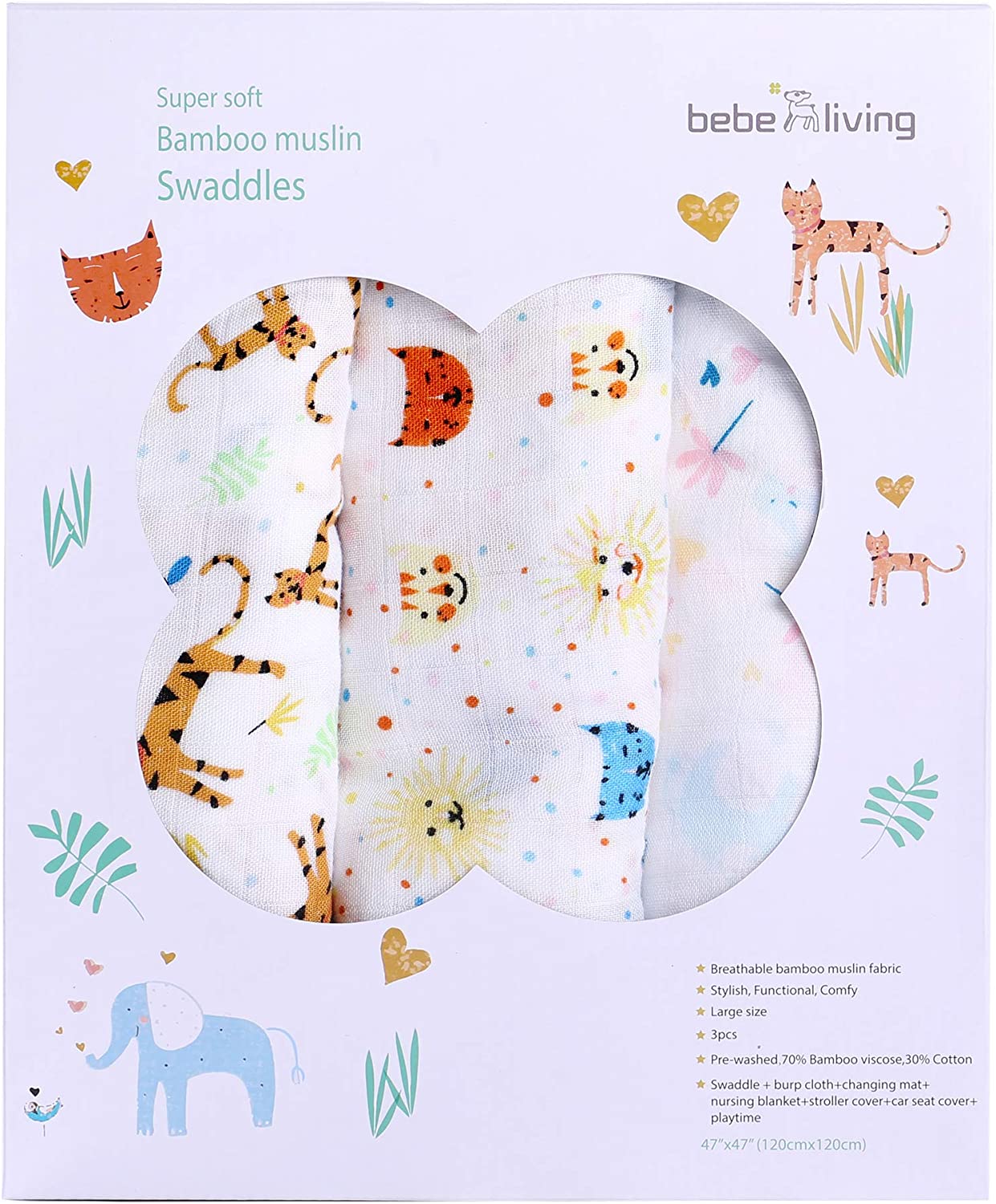[Bebe Living] Baby Toddler Muslin Swaddle / Blanket 3pks / Set - Tiger