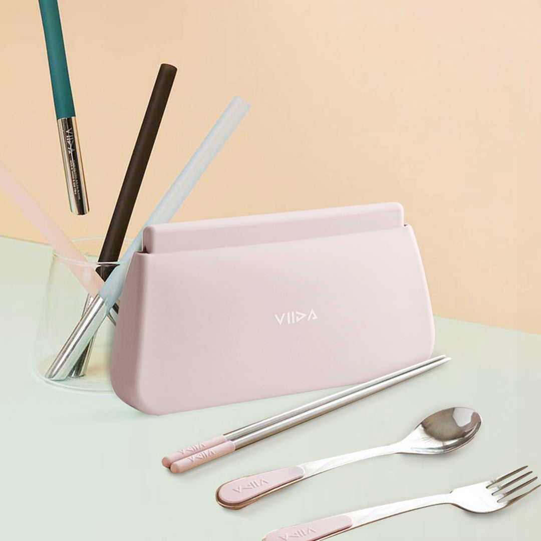 Morgen Stainless Steel Travel Cutleries Set + UiU Straw Set + Chubby Silicone Pouch XL (Bundle Set of 5)