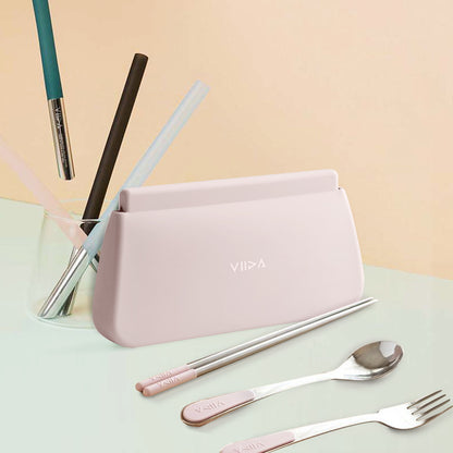 Morgen Stainless Steel Travel Cutleries Set + UiU Straw Set + Chubby Silicone Pouch XL (Bundle Set of 5)