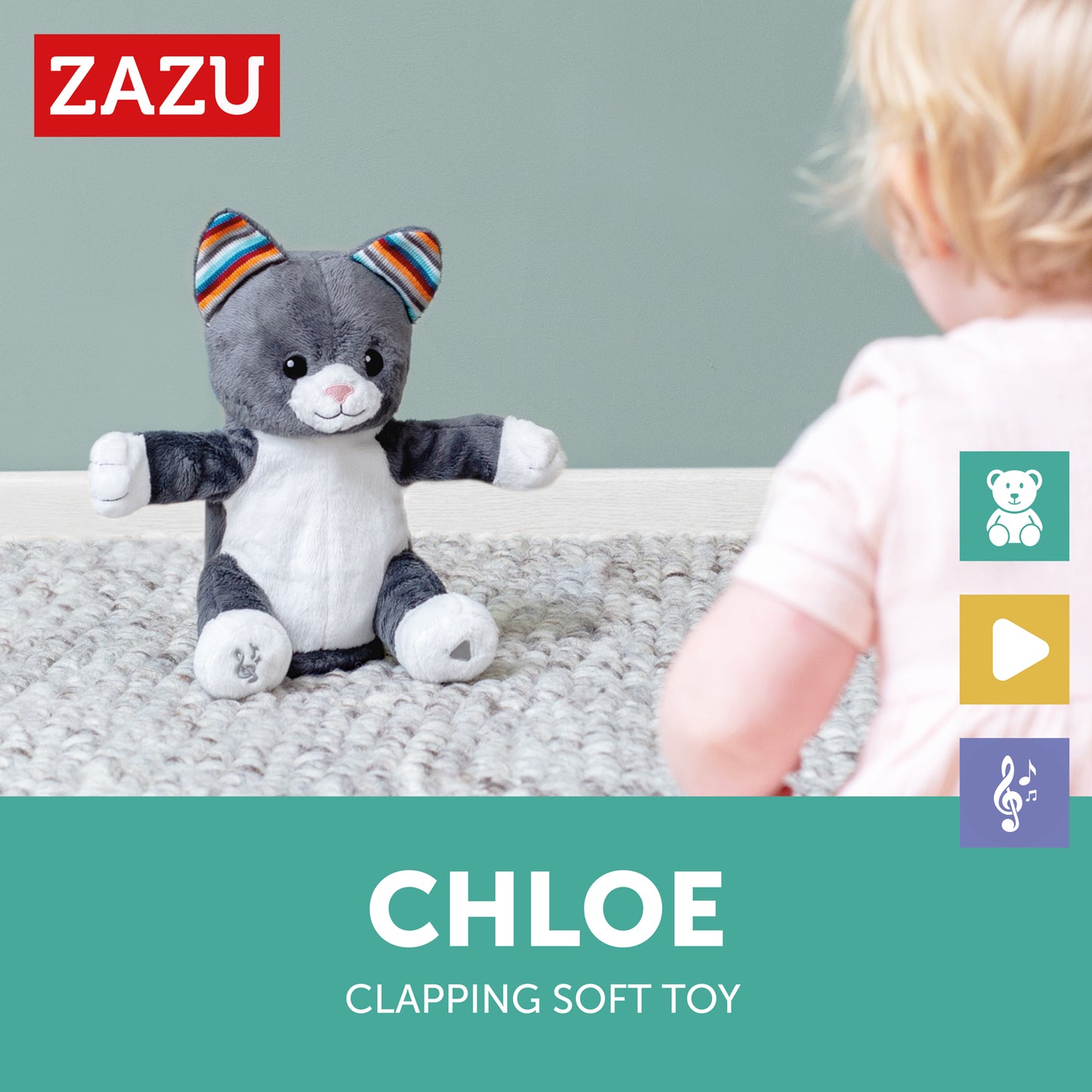 [Zazu] Chloe the Cat, Interactive Soft Toy with Clapping Hands and Sound - 0months+