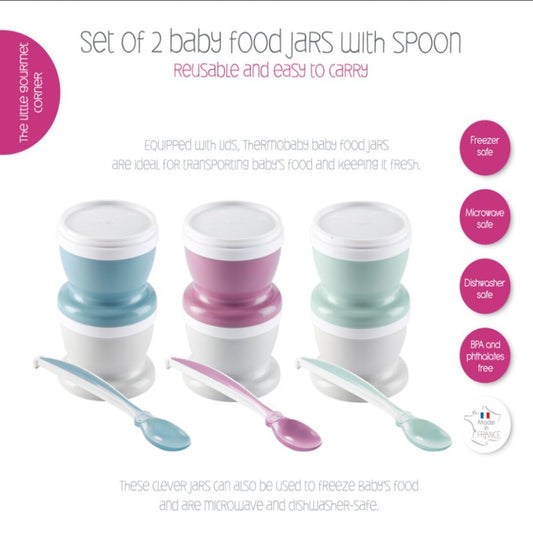 [Thermobaby] 2 Food Storage Jars & 1 Soft Spoon, Dishwasher, Microwave, Freezer Safe, Made in France