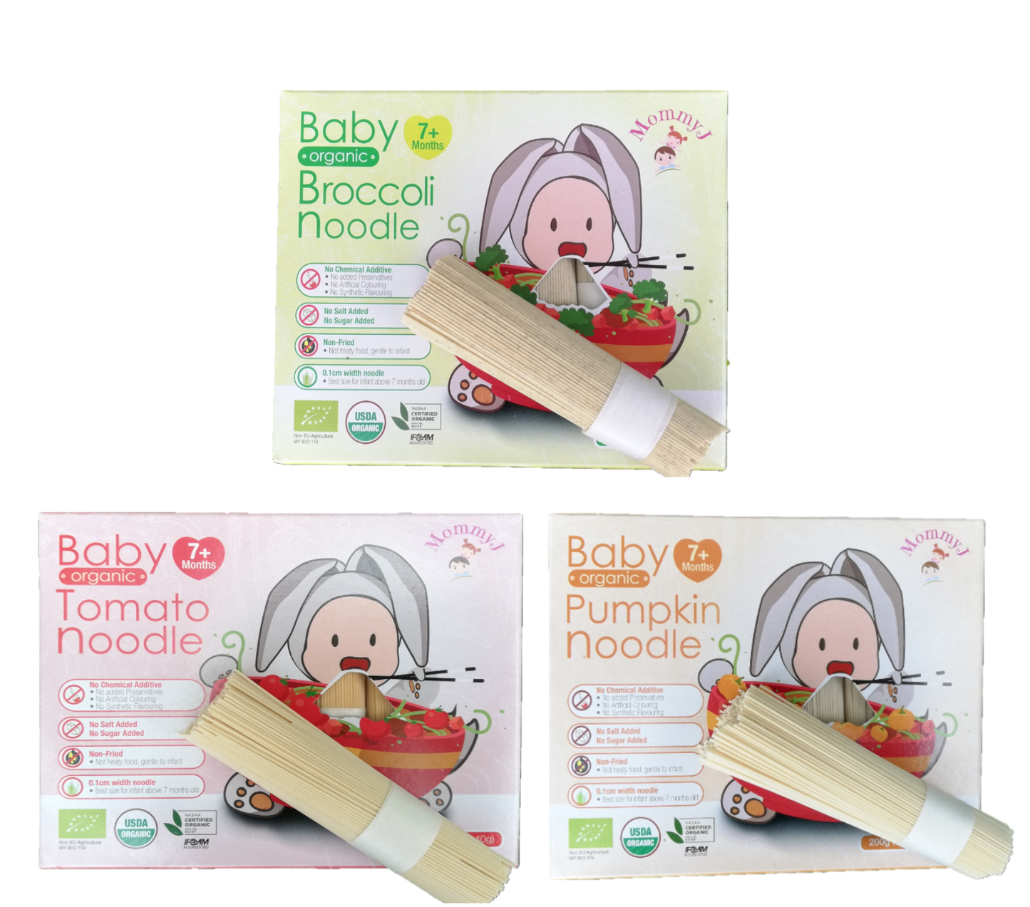 [MommyJ] Organic Baby Noodles, Broccoli / Tomato / Pumpkin Noodles 7m+ (40g x 5 bundles)