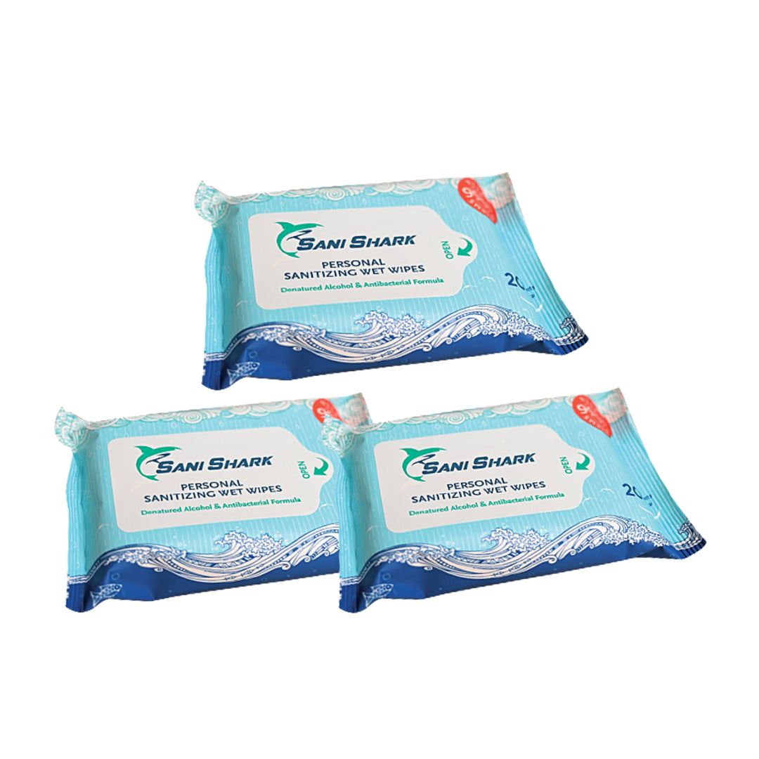 [Sani Shark] Personal Sanitizing Wet Wipes | 70% Alcohol and Antibacterial Formula | Personal or Travel Use (20sheets/pack)