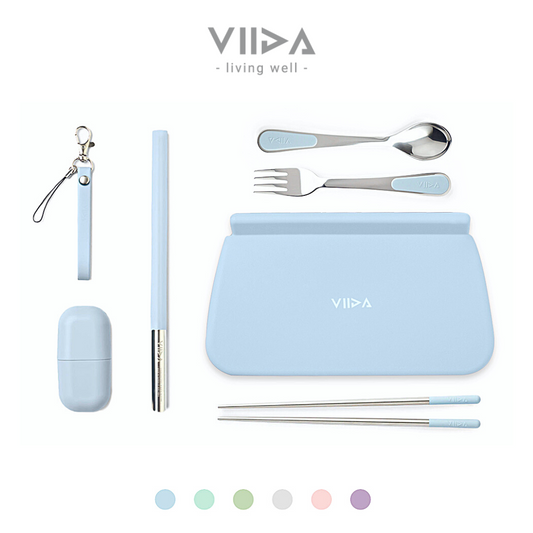 [VIIDA] Bundle Set of 5 - Morgen 316 Stainless Steel Travel Cutleries Set + UiU Straw Set + Chubby Silicone Pouch XL (6 Colour)