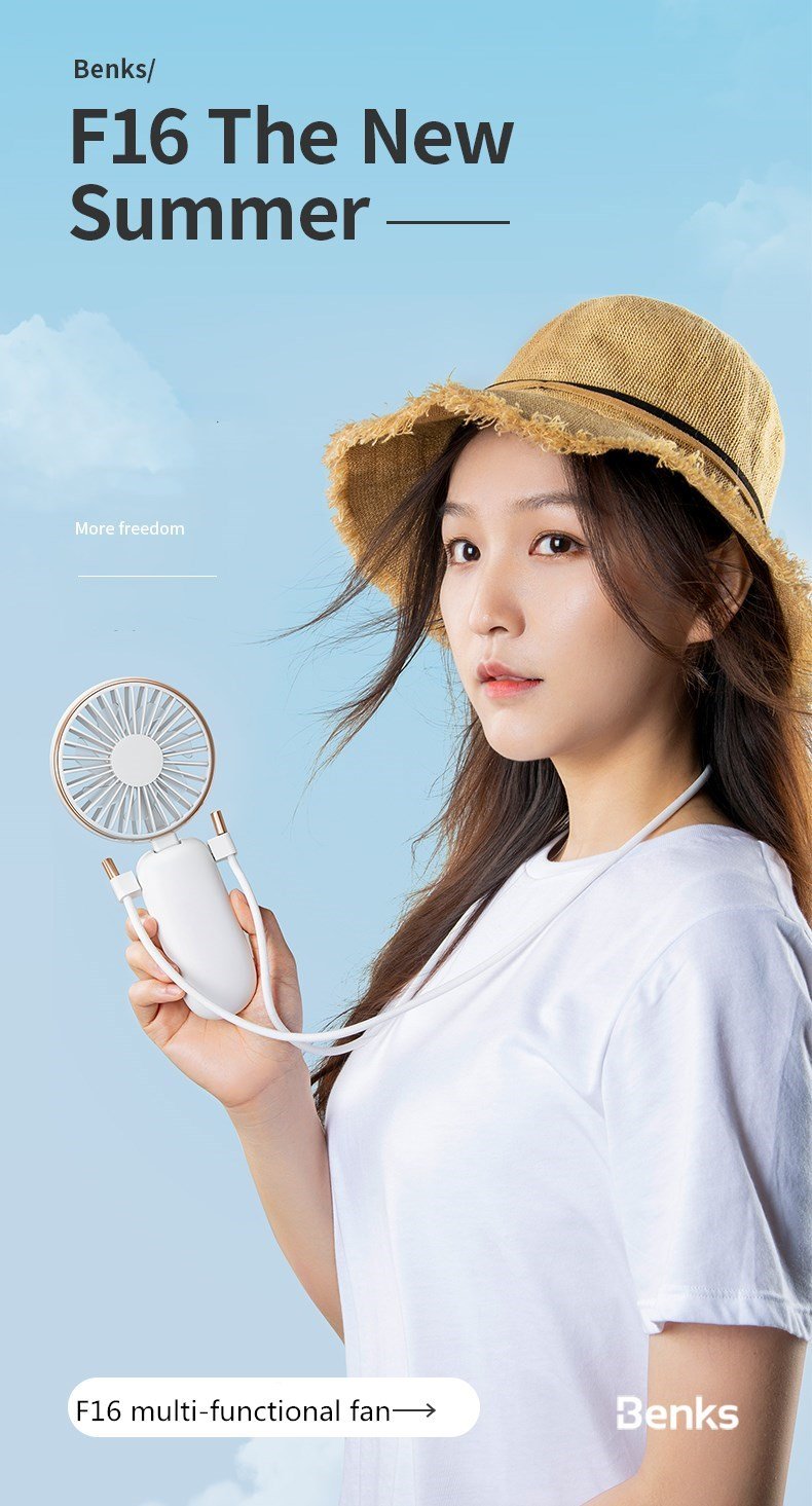 [Benks] Multi-Functional 3-in-1 mini Portable Halter Fan with 100 Degrees Adjustable Angle