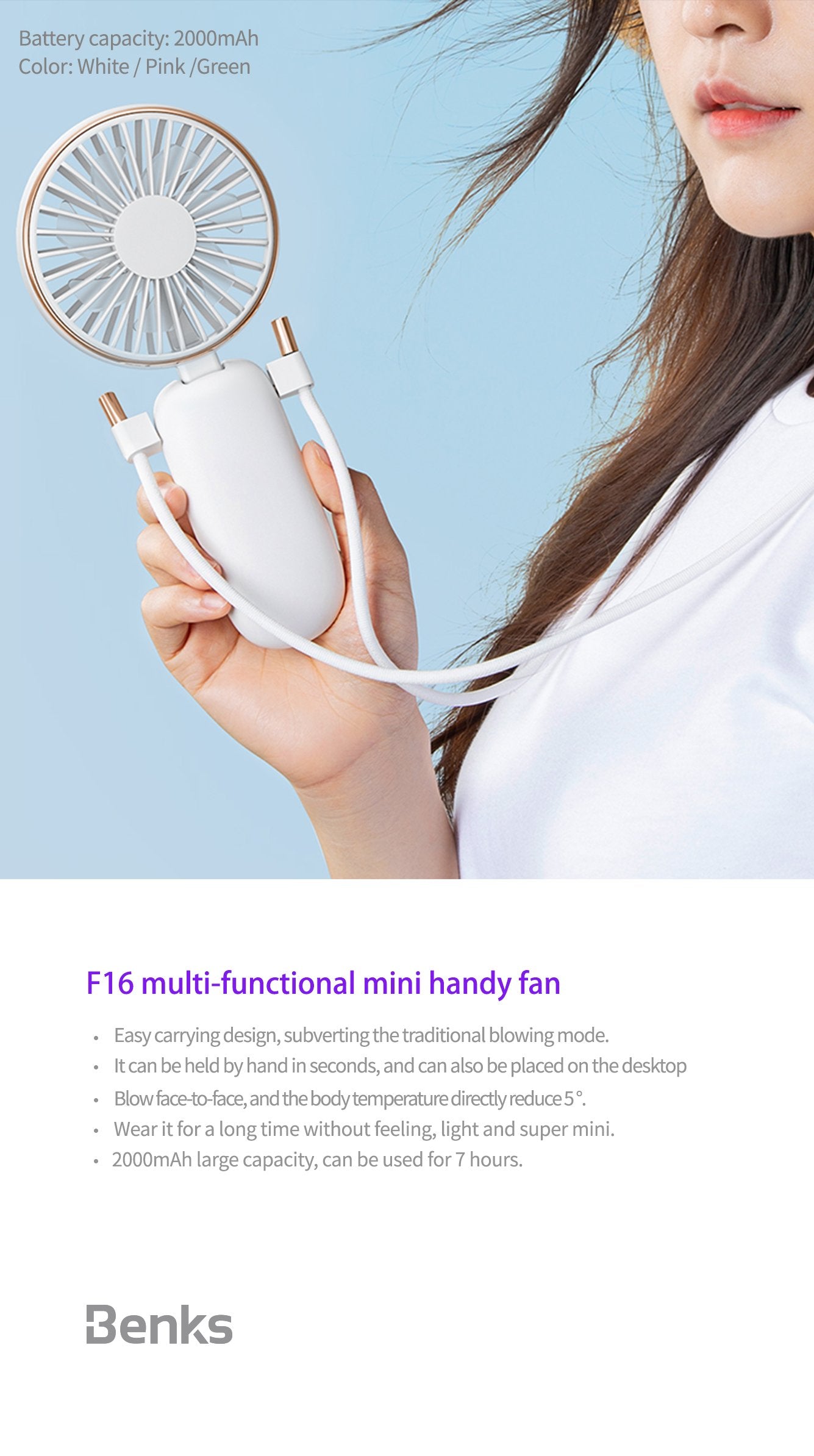 [Benks] Multi-Functional 3-in-1 mini Portable Halter Fan with 100 Degrees Adjustable Angle